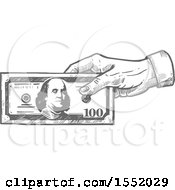 Clipart Of A Sketched Grayscale Hand Holding Cash Money Royalty Free Vector Illustration