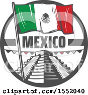 Clipart Of A Retro Styled Cinco De Mayo Design With El Castillo Pyramid And A Flag Royalty Free Vector Illustration
