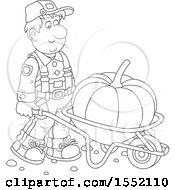 Poster, Art Print Of Lineart Male Farmer Moving A Giant Pumpkin In A Wheelbarrow