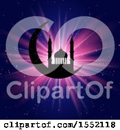 Clipart Of A Ramadan Kareem Design With A Silhouetted Mosque On A Crescent Moon Royalty Free Vector Illustration