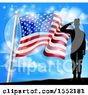 Poster, Art Print Of Silhouetted Full Length Male Military Veteran Saluting Over An American Flag And Sky