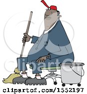 Poster, Art Print Of Cartoon Black Male Custodian Janitor Taking A Break And Sitting In A Chair With A Mop And Bucket