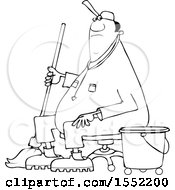 Poster, Art Print Of Cartoon Lineart Black Male Custodian Janitor Taking A Break And Sitting In A Chair With A Mop And Bucket