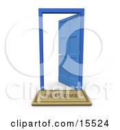 Welcome Door Mat In Front Of An Open Blue Door Clipart Illustration Image by 3poD #COLLC15524-0033