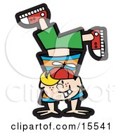 Happy Blond Haired Freckled And Buck Toothed Boy Doing A Handstand While Playing Clipart Illustration
