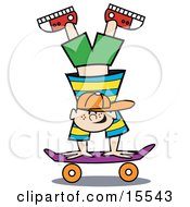 Talented Happy Blond Haired Freckled And Buck Toothed Boy Doing A Handstand Trick On A Skateboard While Playing Clipart Illustration by Andy Nortnik