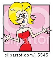 Poster, Art Print Of Crazed Blond Damsel In Distress Woman In A Red Dress And Pearl Necklace Fretting And Sweating