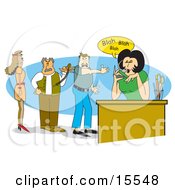 Two Frustrated Men And A Woman Standing In Line While Waiting For A Chatty Receptionist To Get Off Of The Phone With A Personal Call Clipart Illustration