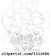 Clipart Of A Black And White Bag With School Children And Party Balloons Royalty Free Vector Illustration