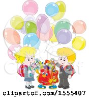 Happy Bag With School Kids And Party Balloons