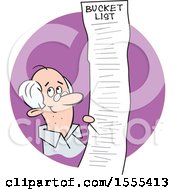 Clipart Of A Cartoon Caucasian Senior Man With A Long Bucket List In A Purple Circle Royalty Free Vector Illustration