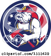 Clipart Of A Retro Bulldog Fireman Holding An Axe In An American Flag Circle Royalty Free Vector Illustration