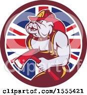 Clipart Of A Retro Bulldog Fireman Holding An Axe In A Union Jack Flag Circle Royalty Free Vector Illustration