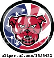 Clipart Of A Retro Red Woodcut Guard Bulldog In An American Flag Circle Royalty Free Vector Illustration