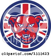 Clipart Of A Retro Red Woodcut Guard Bulldog In A Union Jack Flag Circle Royalty Free Vector Illustration