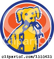 Poster, Art Print Of Retro Golden Retriever Dog Sitting With A Broken Chain In His Mouth Inside A Circle