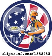 Poster, Art Print Of Retro Male Chef With A Pizza On A Peel In An American Flag Circle