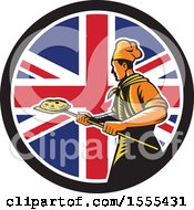 Poster, Art Print Of Retro Male Chef With A Pizza On A Peel In A Union Jack Flag Circle