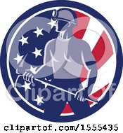 Retro Male Coal Miner Holding A Pickaxe In An American Flag Circle
