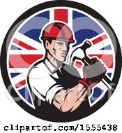 Poster, Art Print Of Retro Male Builder Construction Worker Holding A Union Jack Flag Circle