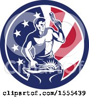 Poster, Art Print Of Retro Blacksmith Worker Hammering In An American Flag Circle