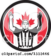 Poster, Art Print Of Retro American Football Referee Gesturing Touchdown In A Canadian Flag Circle