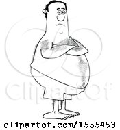 Clipart Of A Hairy Lineart Chubby Black Man With Folded Arms Standing In Swim Trunks Royalty Free Vector Illustration