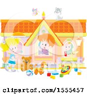 Poster, Art Print Of Cat And Butterfly Over Caucasian Kids Playing In A Toy House