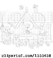 Poster, Art Print Of Lineart Cat And Butterfly Over Children Playing In A Toy House