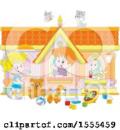 Poster, Art Print Of Cat And Butterfly Over Kids Playing In A Toy House
