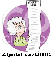 Poster, Art Print Of Cartoon White Senior Lady With A Long Bucket List In A Purple Circle