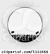 Clipart Of A Silhouetted Crowd At A Music Festival In A Circle Over Halftone On Gray Royalty Free Vector Illustration