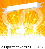 Clipart Of A Silhouetted Crowd And Band On Stage Against A Starburst With A Banner Royalty Free Vector Illustration
