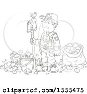 Poster, Art Print Of Lineart Male Potato Farmer With A Bird On His Shovel