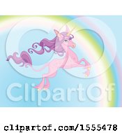 Poster, Art Print Of Leaping Pink Unicorn With Long Purple Hair And A Rainbow