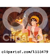 Handsome Arabian Man Aladdin Discovering A Genie Lamp In A Cave Of Riches