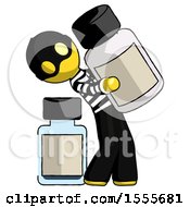 Yellow Thief Man Holding Large White Medicine Bottle With Bottle In Background