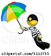 Poster, Art Print Of Yellow Thief Man Flying With Rainbow Colored Umbrella