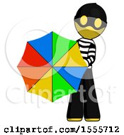 Yellow Thief Man Holding Rainbow Umbrella Out To Viewer