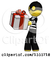 Poster, Art Print Of Yellow Thief Man Presenting A Present With Large Red Bow On It