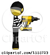 Yellow Thief Man Using Drill Drilling Something On Right Side
