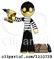 Poster, Art Print Of Yellow Thief Man Holding Drill Ready To Work Toolchest And Tools To Right