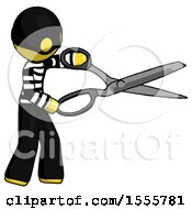 Poster, Art Print Of Yellow Thief Man Holding Giant Scissors Cutting Out Something