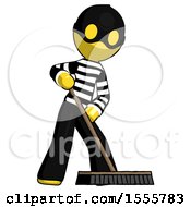 Poster, Art Print Of Yellow Thief Man Cleaning Services Janitor Sweeping Floor With Push Broom