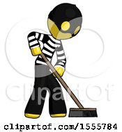 Poster, Art Print Of Yellow Thief Man Cleaning Services Janitor Sweeping Side View