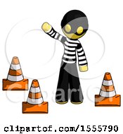 Poster, Art Print Of Yellow Thief Man Standing By Traffic Cones Waving