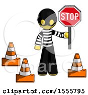 Poster, Art Print Of Yellow Thief Man Holding Stop Sign By Traffic Cones Under Construction Concept