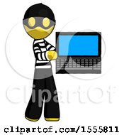 Yellow Thief Man Holding Laptop Computer Presenting Something On Screen