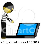 Yellow Thief Man Using Large Laptop Computer Side Orthographic View