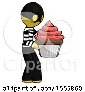 Poster, Art Print Of Yellow Thief Man Holding Large Cupcake Ready To Eat Or Serve